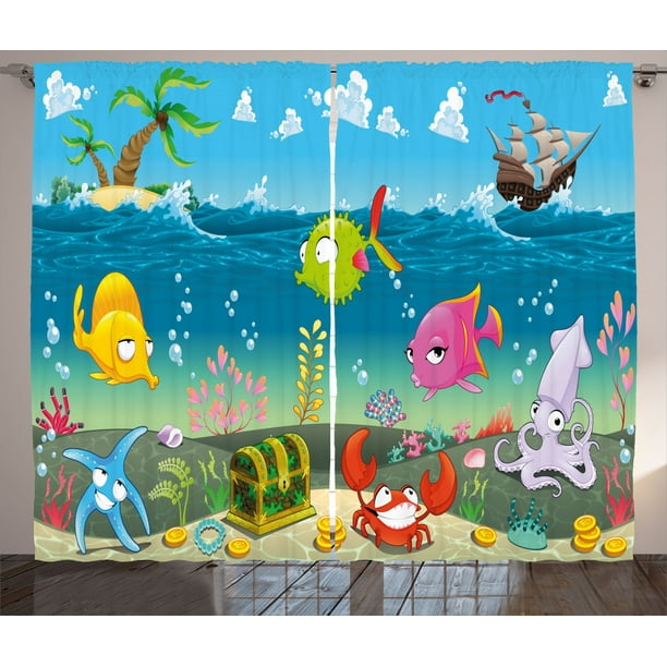 2 Panels 3D Blackout Drapes Fabric Window Curtain Mural Cartoon Undersea Animal 2 Panels 3D Blackout Drapes Fabric Window Curtain Mural Cartoon Undersea Animal